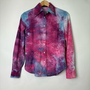 Etro Milano Womens Pink Tie Dye Button Down Blouse Paisley Embroidery